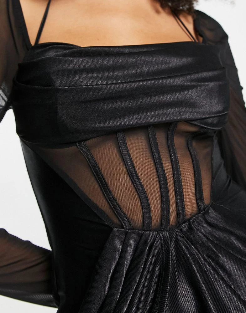 商品ASOS|ASOS DESIGN corset mesh satin midi dress in black,价格¥445,第3张图片详细描述