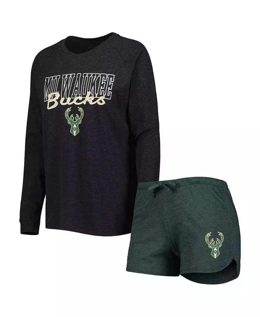 商品Concepts Sport|Women's Heather Black, Heather Hunter Green Milwaukee Bucks Team Raglan Long Sleeve T-shirt and Shorts Sleep Set,价格¥410,第1张图片