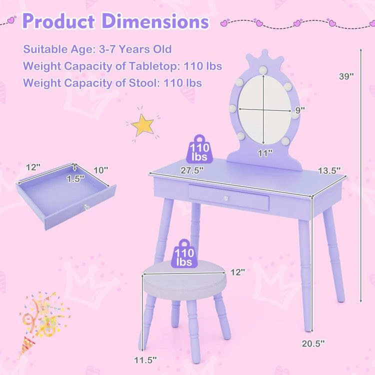 Kids Vanity Set with Lighted Mirror with Adjustable Brightness and Large Drawer-White 商品