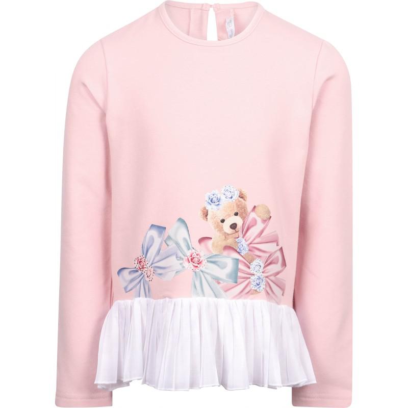 Teddy print ruffled blouse in pink and white商品第1张图片规格展示