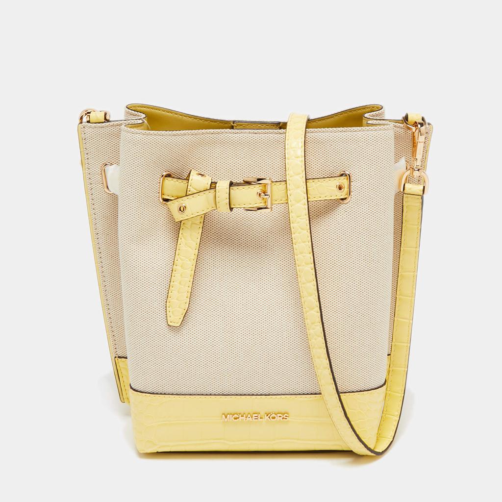 Michael Kors Beige/Yellow Canvas and Leather Small Emilia Bucket Bag商品第1张图片规格展示