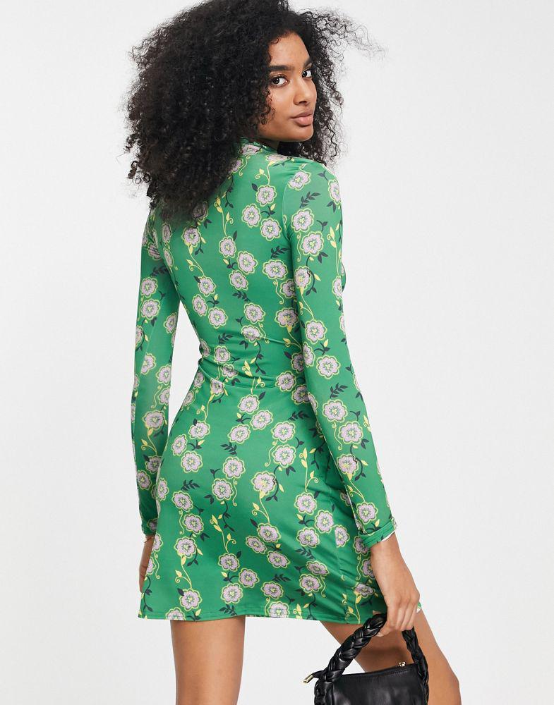 River Island pleat drape floral mini dress in green商品第2张图片规格展示