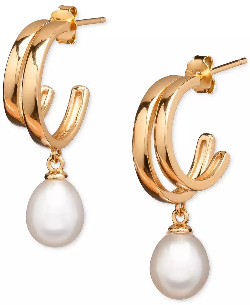 商品Macy's|Cultured Freshwater Pearl (7 x 9mm) Double Hoop Drop Earrings in 18k Gold over Sterling Silver, Created for Macy's,价格¥540,第1张图片