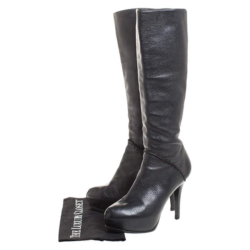 Fendi Black Textured Leather Mid Calf Platform Boots Size 38.5商品第8张图片规格展示