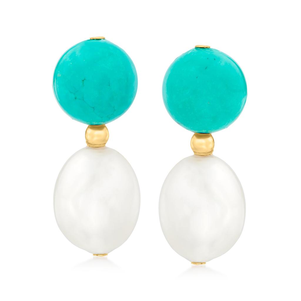 Ross-Simons 10-11mm Cultured Pearl and 10mm Turquoise Bead Drop Earrings in 14kt Yellow Gold商品第1张图片规格展示