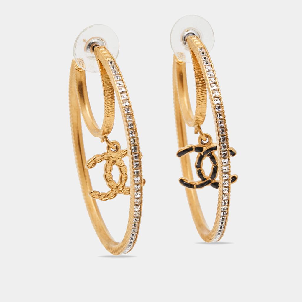 Chanel Gold Tone & Crystal Enamel CC Charm Hoop Earrings商品第1张图片规格展示