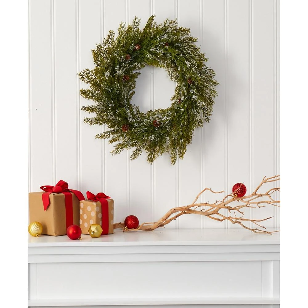 商品NEARLY NATURAL|Snowed Artificial Cedar Wreath with Pine Cones, 20",价格¥354,第3张图片详细描述