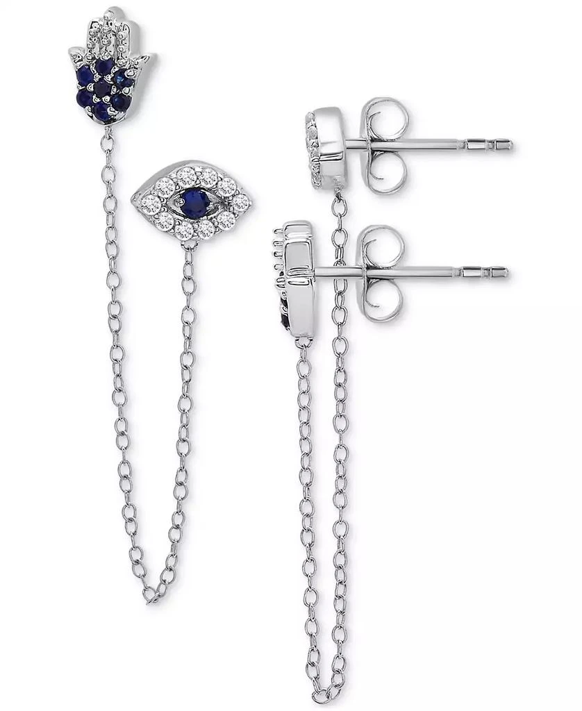 商品Macy's|Lab-grown Blue Sapphire (1/4 ct. t.w.) & Lab-grown White Sapphire (1/4 ct. t.w.) Evil Eye & Hamsa Hand Double Pierced Chain Earrings in Sterling Silver,价格¥562,第1张图片