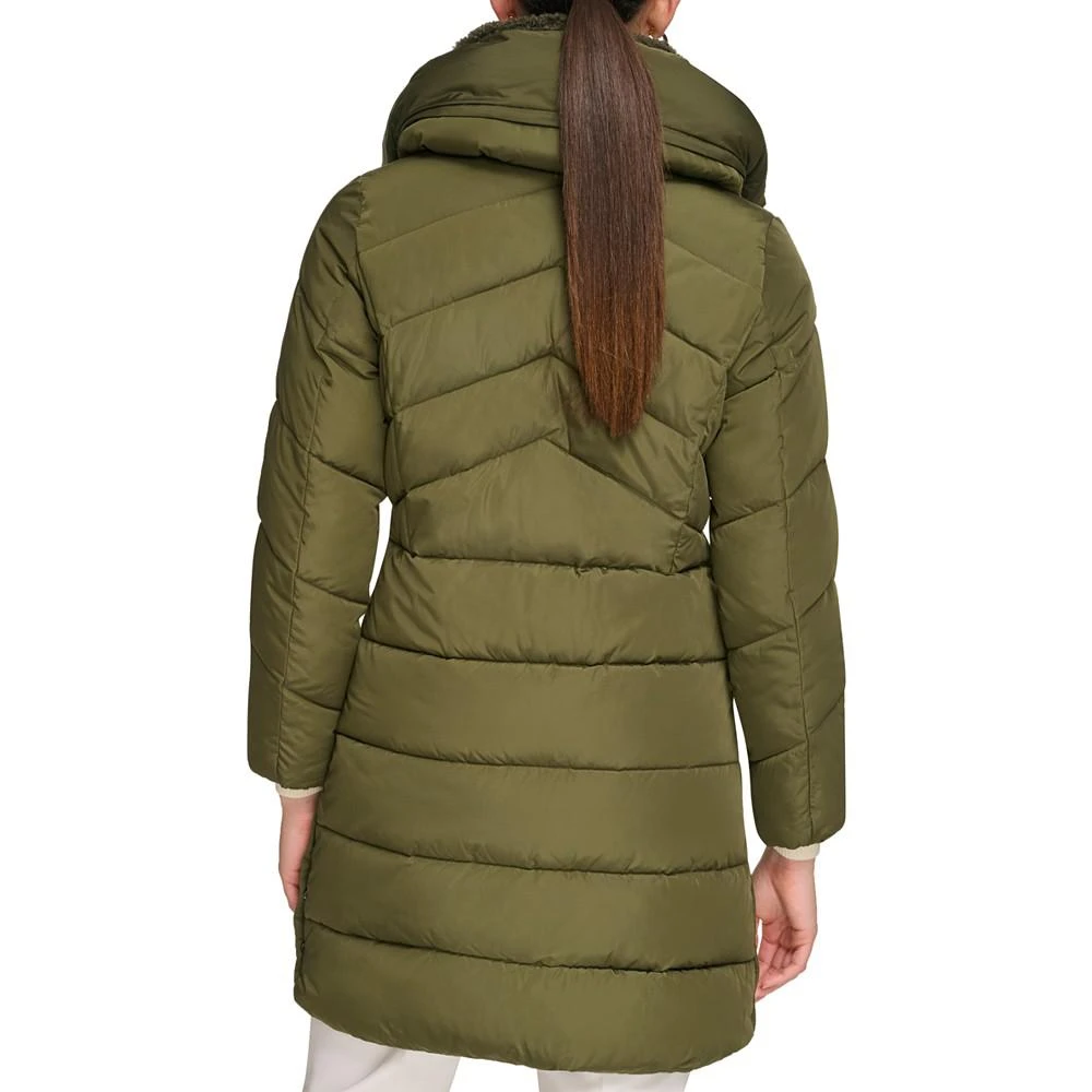 商品Calvin Klein|Women's Petite Faux-Sherpa Collar Hooded Stretch Puffer Coat, Created for Macy's,价格¥707,第2张图片详细描述