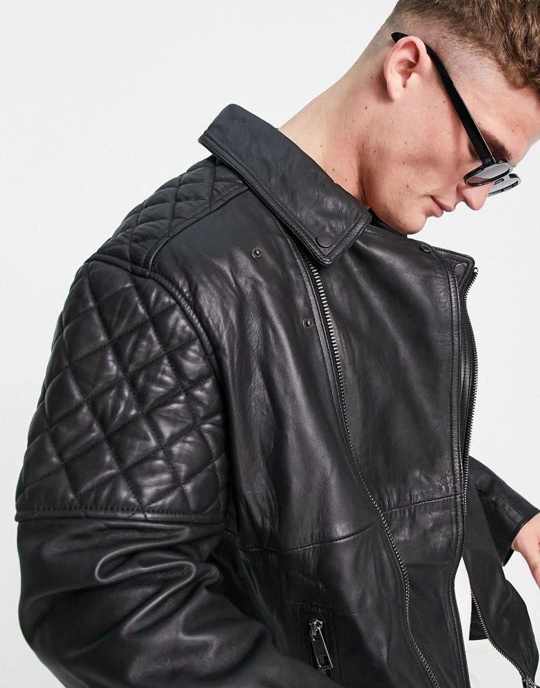 商品ASOS|ASOS DESIGN oversized biker real leather jacket with stitch detail in black,价格¥736,第3张图片详细描述