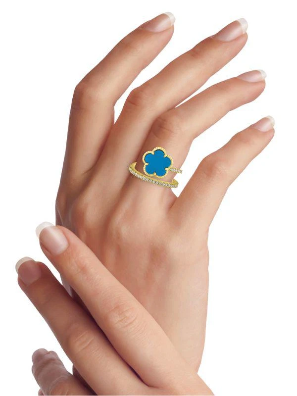 商品Kenneth Jay Lane|Look Of Real 14K Goldplated, Synthetic Turquoise & Cubic Zirconia Clover Wrap Ring,价格¥297,第2张图片详细描述