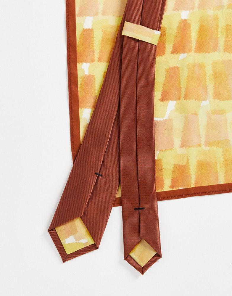 Noak slim tie in brown with abstract print pocket square and lining商品第2张图片规格展示