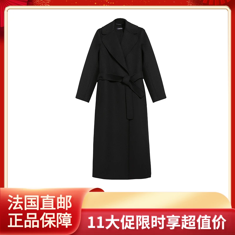 商品Max Mara|MaxMara/麦丝玛拉 'S女士黑色羊毛配腰带长款浴袍大衣,价格¥3310,第1张图片