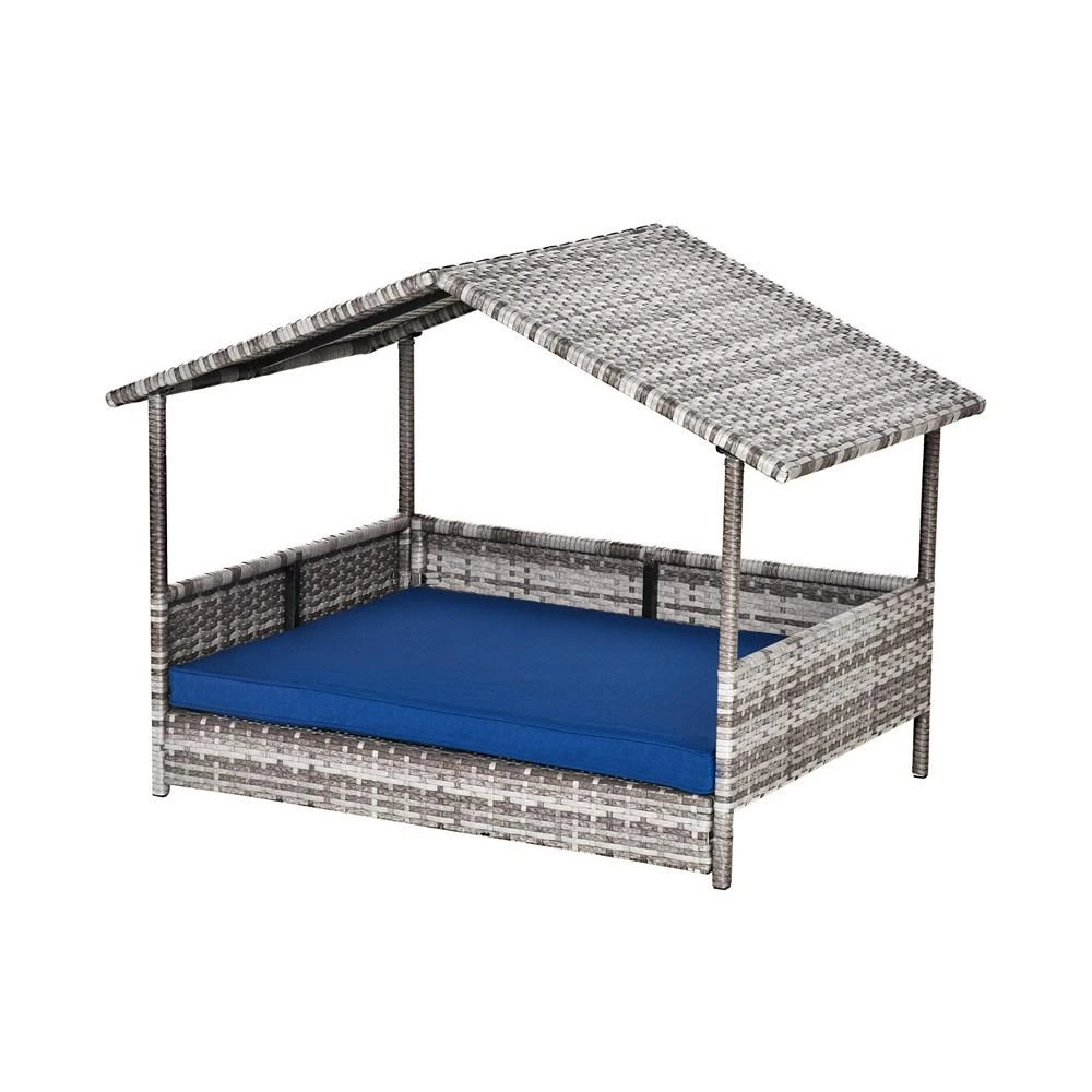 商品PawHut|Elevated Wicker Dog House, Raised Rattan Pet Bed Cabana Canopy, Blue,价格¥1451,第2张图片详细描述