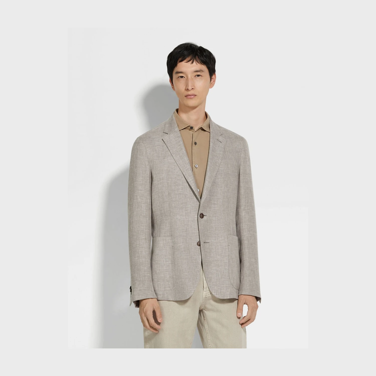 【预售】 杰尼亚 25春夏 男士 西服外套 Light Brown Crossover Linen Wool and Silk Blend Jacket 949575A9-1DJSS0  商品