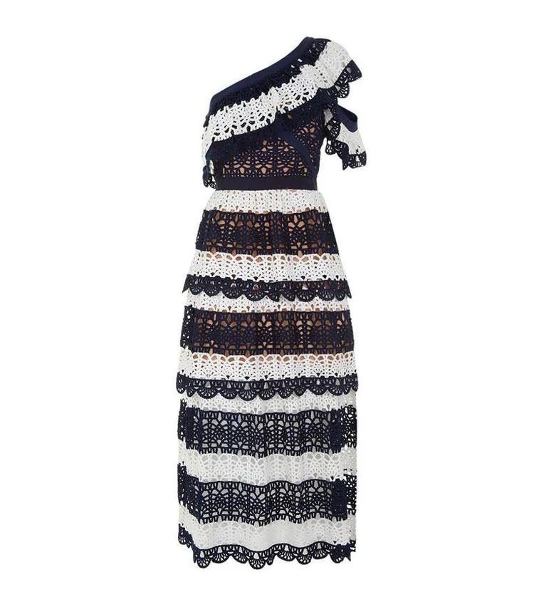 商品Self Portrait|One Shoulder Striped Crochet Dress,价格¥3678,第1张图片