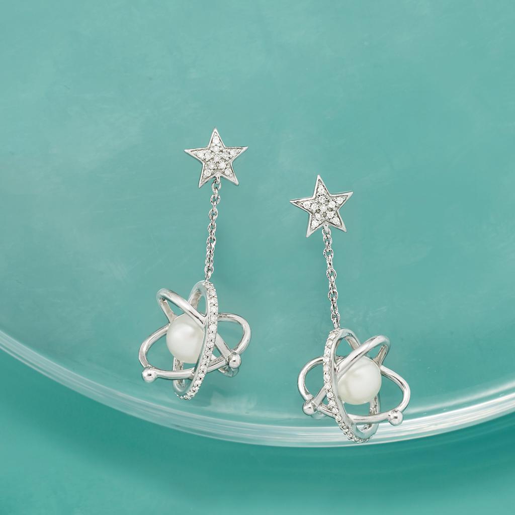Ross-Simons Cultured Pearl and . Diamond Celestial Drop Earrings in Sterling Silver商品第3张图片规格展示