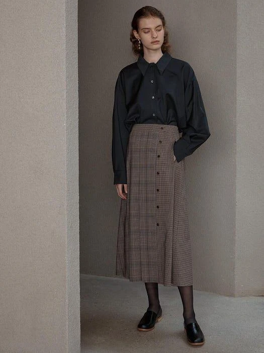 商品FRONTROW|Pleated Check Midi Skirt,价格¥526,第1张图片