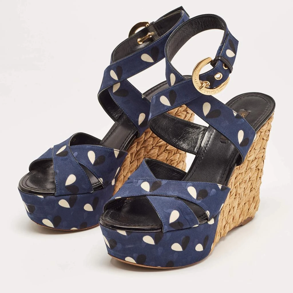 商品[二手商品] Louis Vuitton|Louis Vuitton Navy Blue Printed Fabric Espadrille Wedge Ankle Wrap Sandals Size 38,价格¥1002,第2张图片详细描述