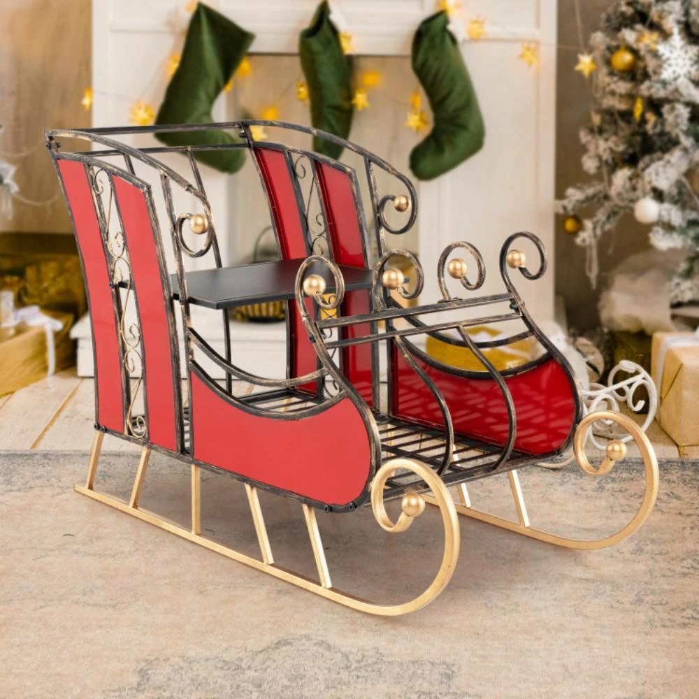 商品Hivvago|3 FT Christmas Metal Sleigh Decoration Santa Sleigh with 2-Tier Storage Shelf,价格¥1075,第2张图片详细描述