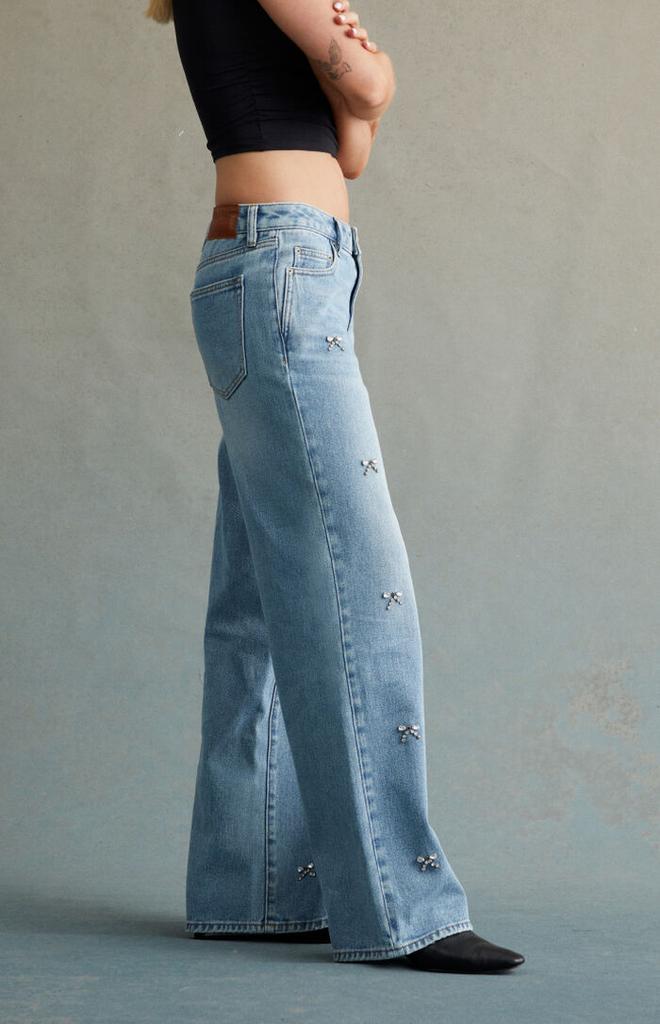 ★2023SS新作★EXPIRED GIRL★Low rise Denim Pants RARE DNM EDIT Light Indigo Rhinestone Bow Low Rise Baggy
