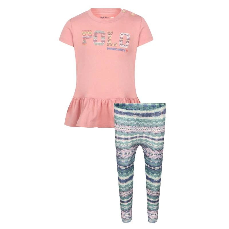 商品Ralph Lauren|Flared logo t shirt and striped leggings set in pink and green,价格¥806,第1张图片