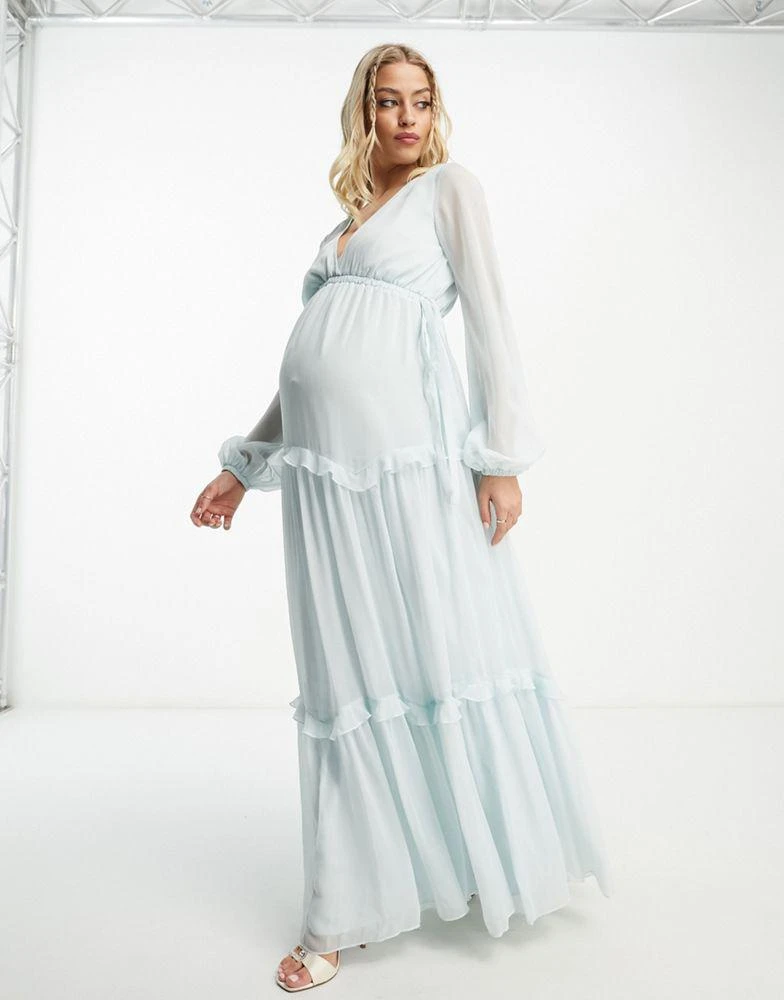 商品ASOS|ASOS DESIGN Maternity Exclusive long sleeve skater tiered maxi dress with cut out waist and tie detail in baby blue,价格¥294,第3张图片详细描述