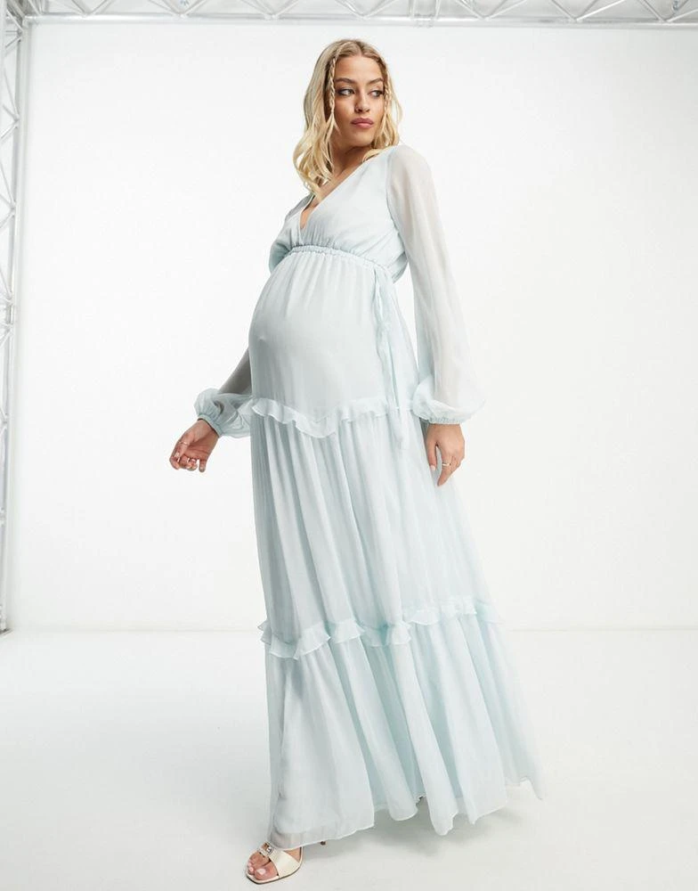 商品ASOS|ASOS DESIGN Maternity Exclusive long sleeve skater tiered maxi dress with cut out waist and tie detail in baby blue,价格¥301,第3张图片详细描述