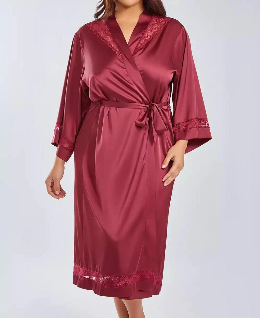 商品iCollection|Plus Size Silky Long Robe with Lace Trims,价格¥628,第1张图片