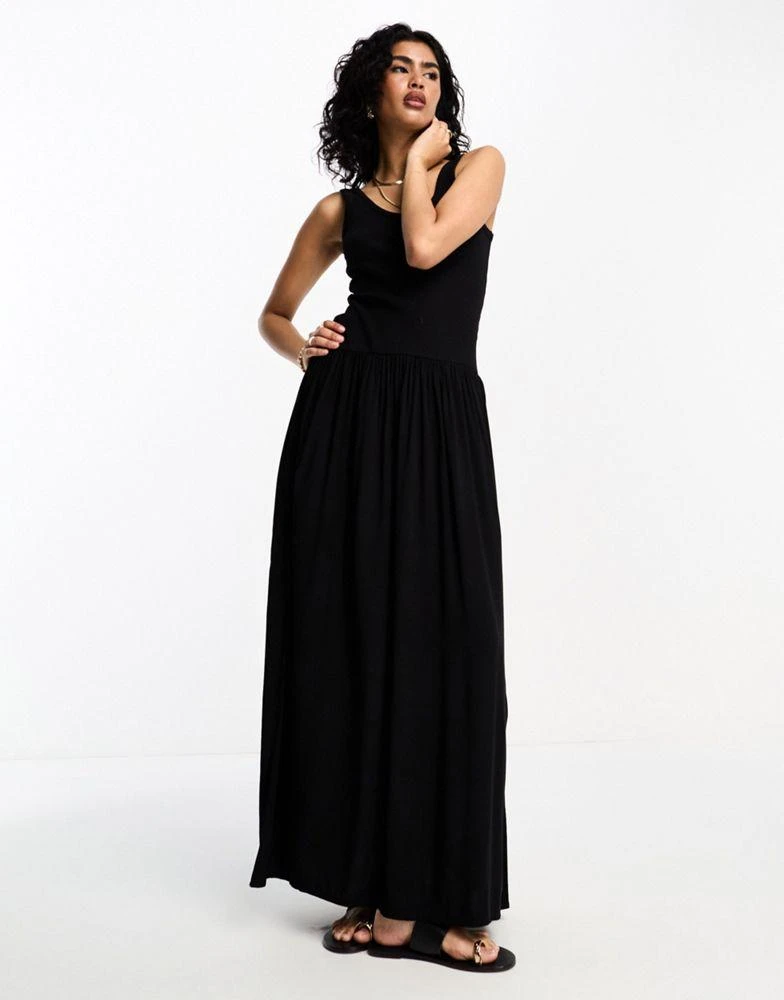 商品ASOS|ASOS DESIGN ribbed scoop neck midi dress with dropped waist in black,价格¥273,第1张图片