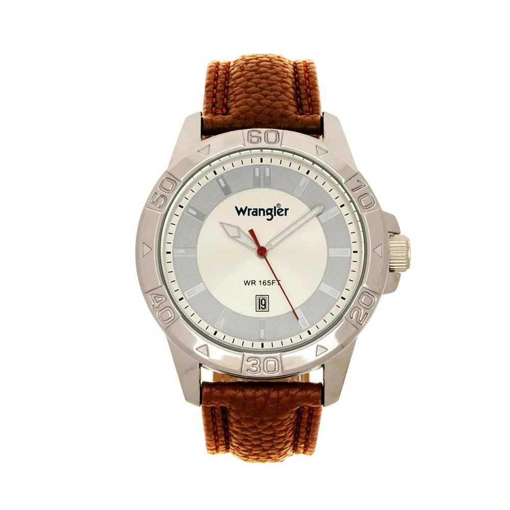 商品Wrangler|Men's Watch, 46MM Silver Colored Case with Embossed Arabic Numerals on Bezel, Ivory Sunray Dial, Silver Index Markers, Analog, Brown Strap,价格¥415,第1张图片