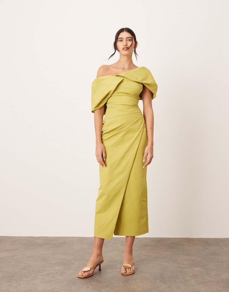arrange bardot pleat maxi dress with wrap detail in chartreuse NEW Arrange Bardot Pleat Maxi Dress With Wrap Detail Womens Size 12