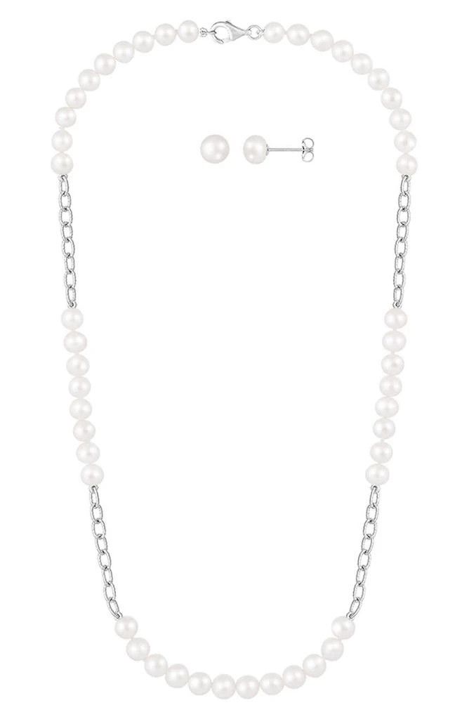 商品Splendid Pearls|Rhodium Plated Sterling Silver 6-7mm Cultured Freshwater Pearl Stud Earrings & Necklace 3-Piece Set,价格¥619,第1张图片