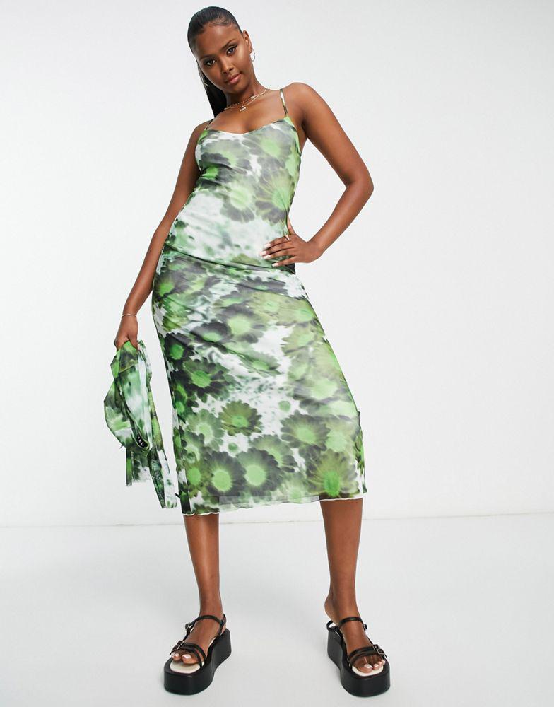Motel square neck cami maxi dress in blurred green daisy mesh商品第2张图片规格展示
