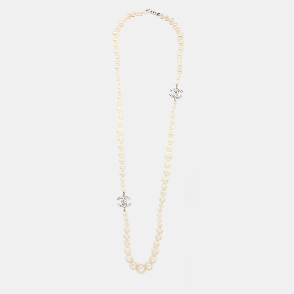 Chanel Silver Tone Graduated Faux Pearl CC Charm Necklace商品第1张图片规格展示