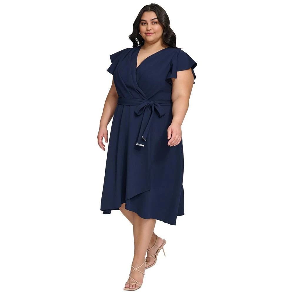 商品DKNY|Plus Size Surplice-Neck Flutter-Sleeve Faux-Wrap Dress,价格¥356,第3张图片详细描述