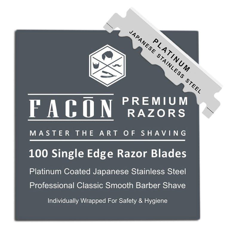 商品Facon Razors|100 Platinum Japanese Stainless Steel Single Edge Razor Blades for Professional Barber Straight Razor 200+ Shaves,价格¥52,第1张图片