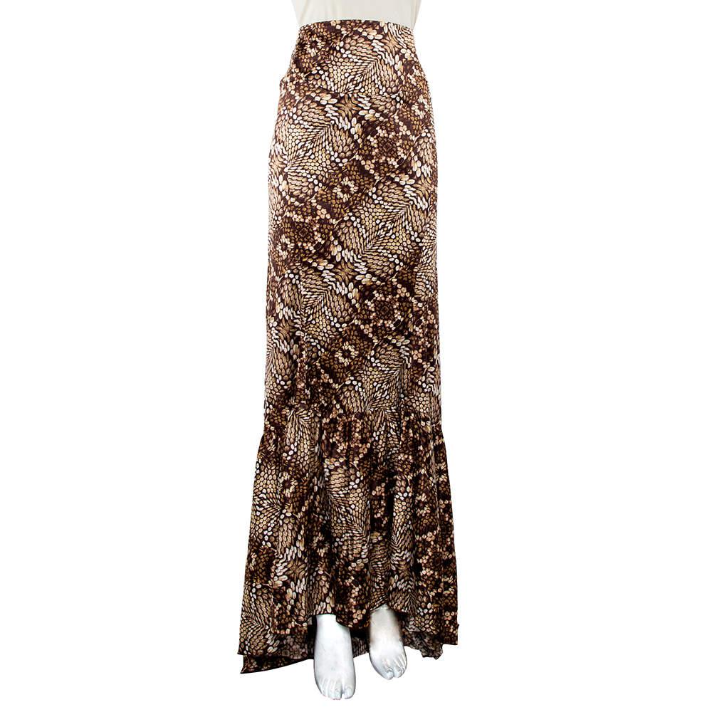 Just Cavalli Brown Snake Print Silk Satin Flared Asymmetrical Hem Maxi Skirt L商品第2张图片规格展示