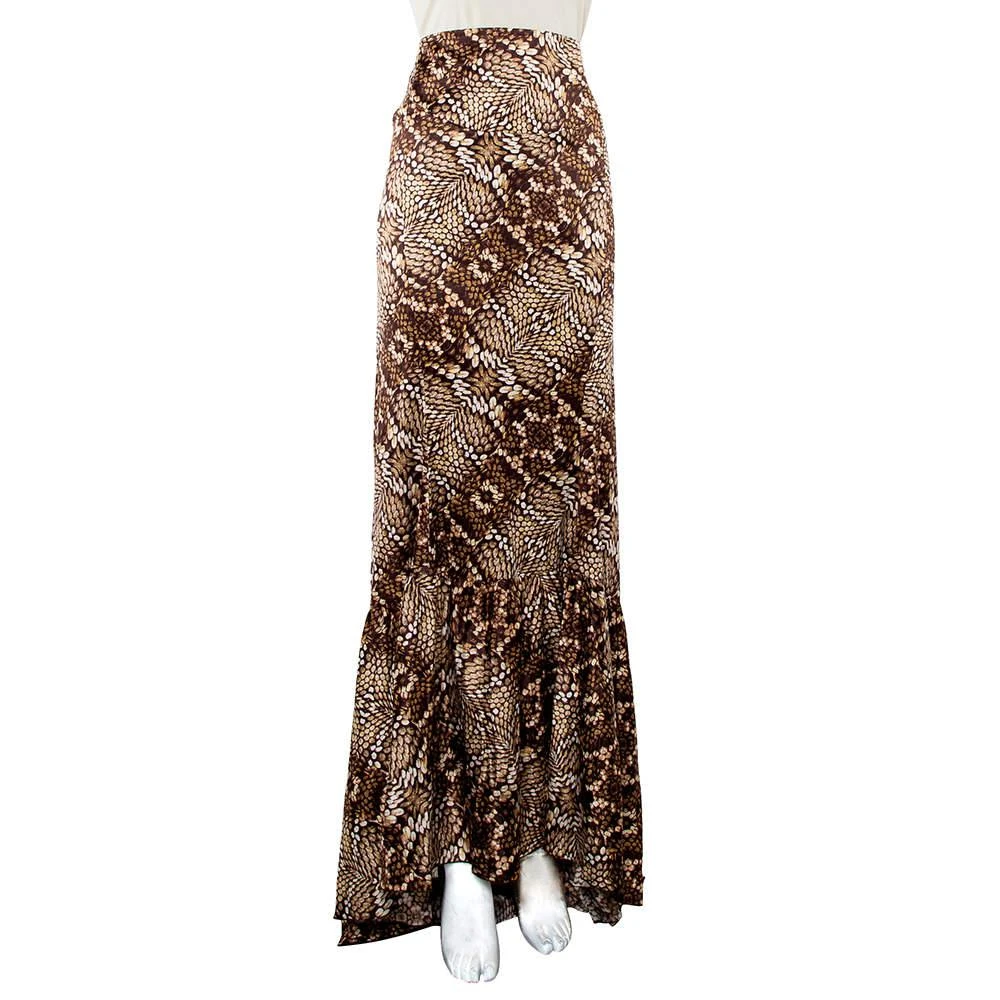 商品[二手商品] Just Cavalli|Just Cavalli Brown Snake Print Silk Satin Flared Asymmetrical Hem Maxi Skirt L,价格¥811,第2张图片详细描述