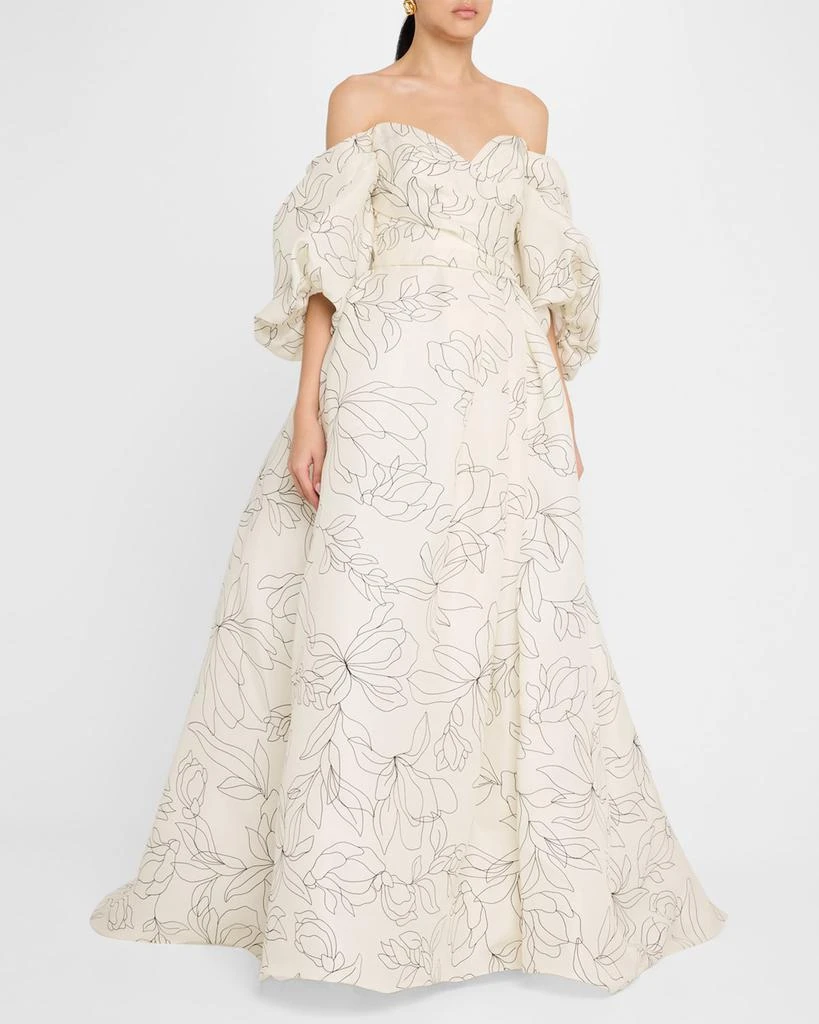 商品Monique Lhuillier|Off-The-Shoulder Floral Blouson-Sleeve Ball Gown,价格¥54005,第4张图片详细描述