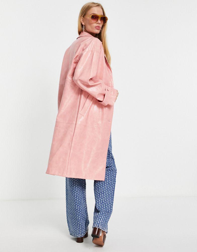 Topshop croc PU mid-length coat in pink商品第3张图片规格展示