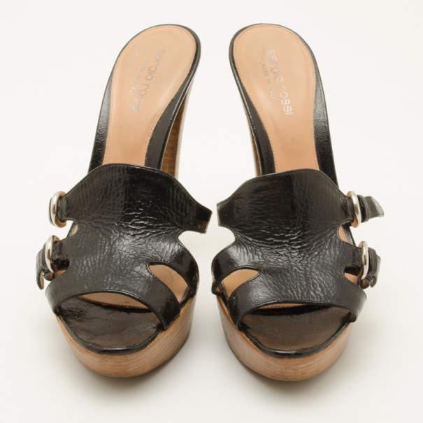 Sergio Rossi Black Leather Wooden Platform Slides Size 38商品第3张图片规格展示