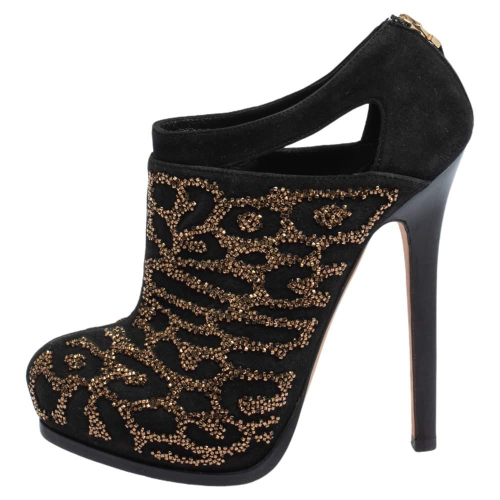 商品[二手商品] Fendi|Fendi Black Suede Crystal Embellished Platform Ankle Booties Size 38.5,价格¥957,第4张图片详细描述