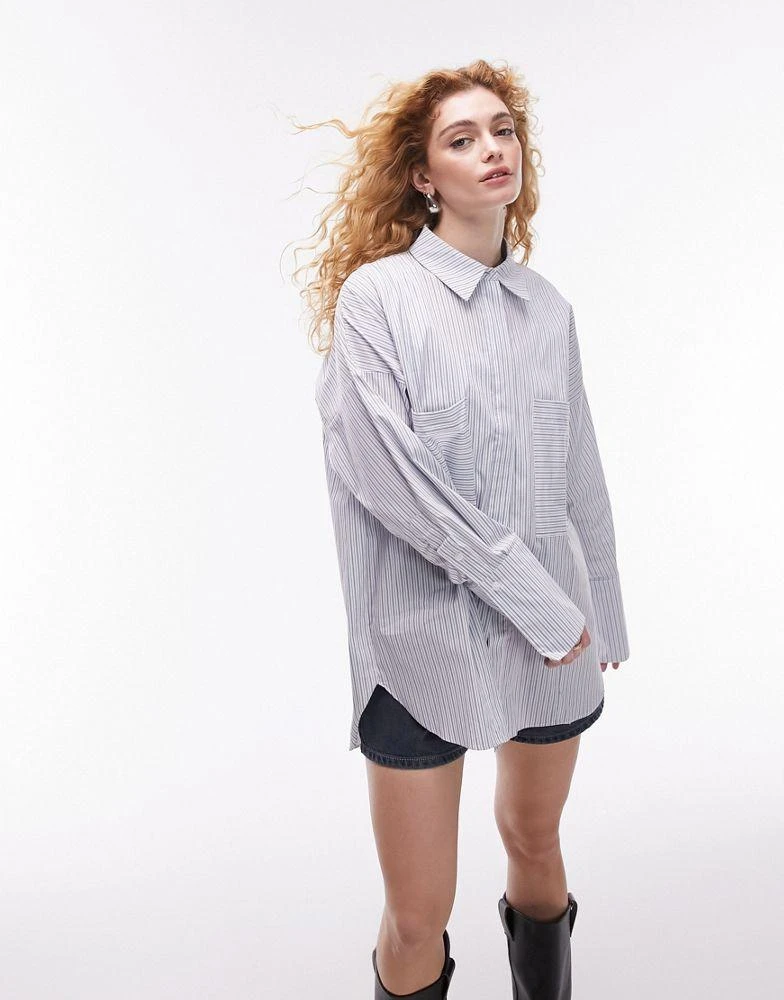 商品Topshop|Topshop oversized deep cuff stripe shirt in blue,价格¥171,第1张图片