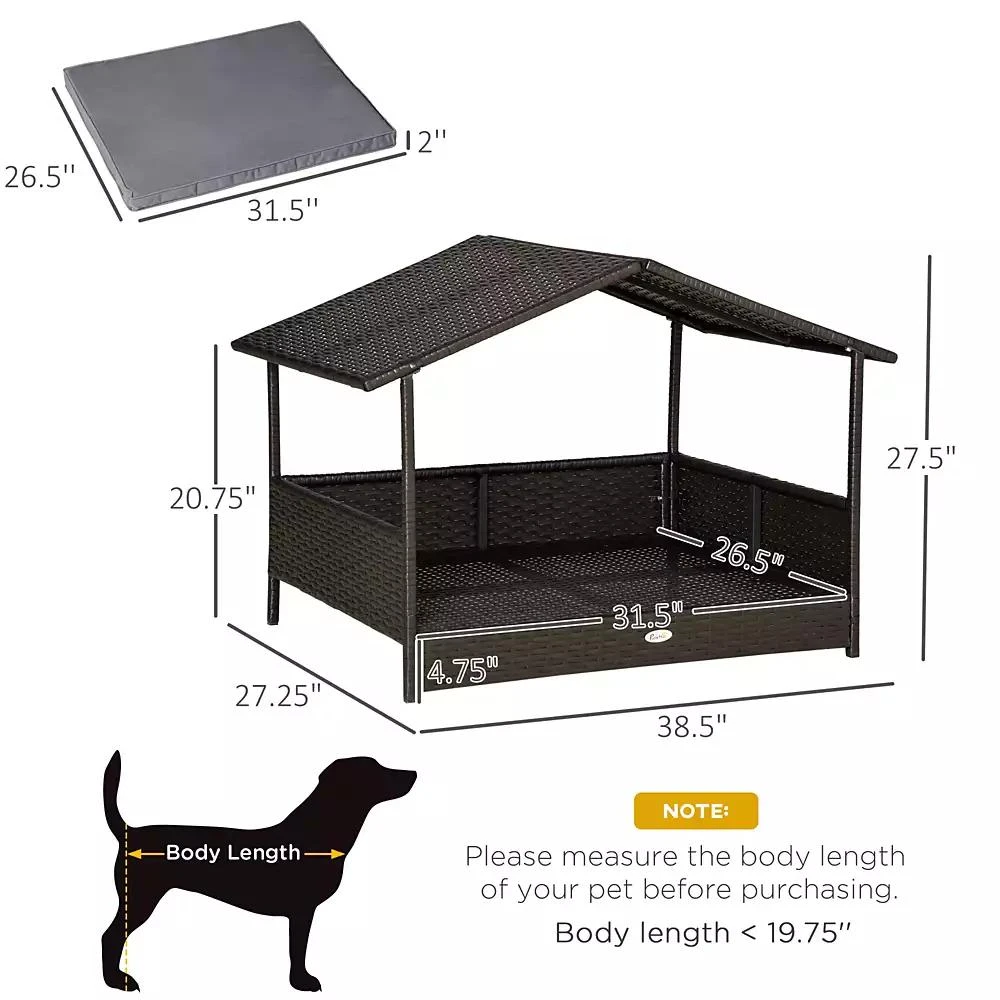 商品PawHut|Elevated Wicker Dog House, Raised Rattan Pet Bed Cabana Canopy, Grey,价格¥813,第3张图片详细描述