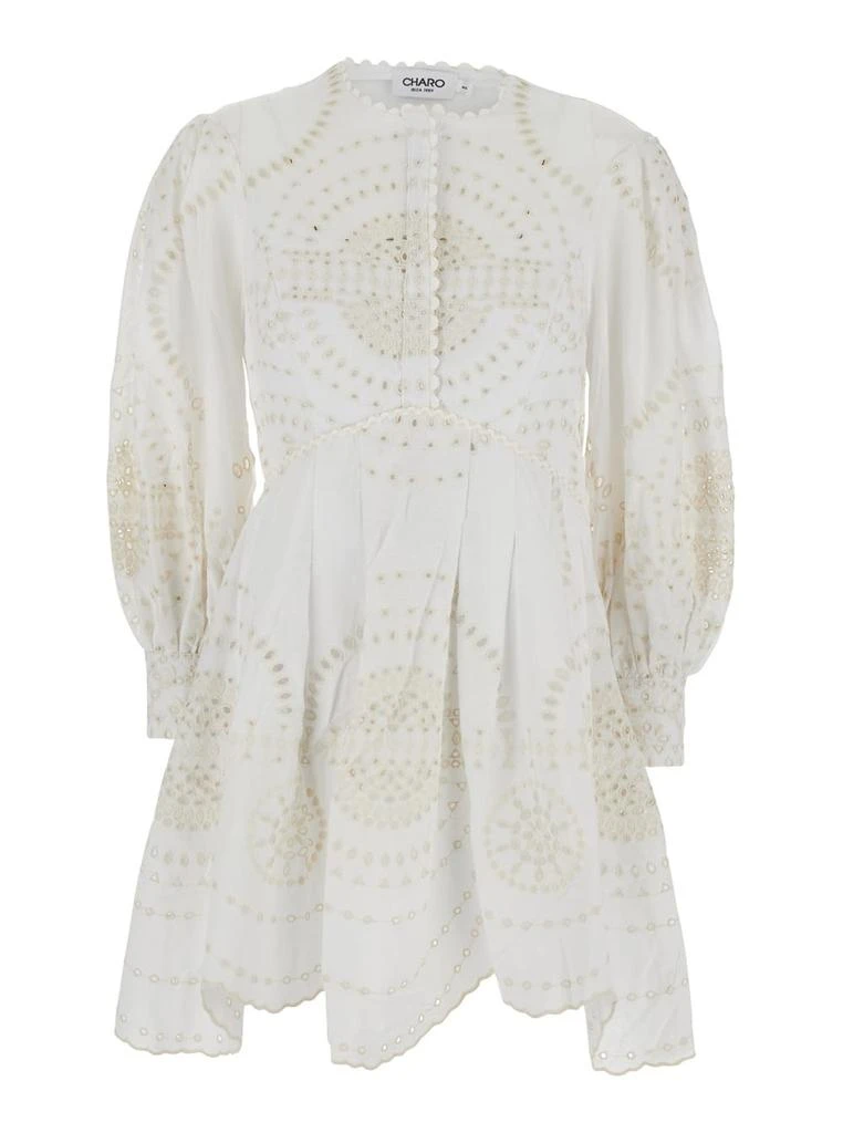 商品Charo Ruiz|asahi White Dress With All-over Embroidery Design And Pleated Skirt In Cotton And Linen Blend Woman,价格¥3279,第1张图片