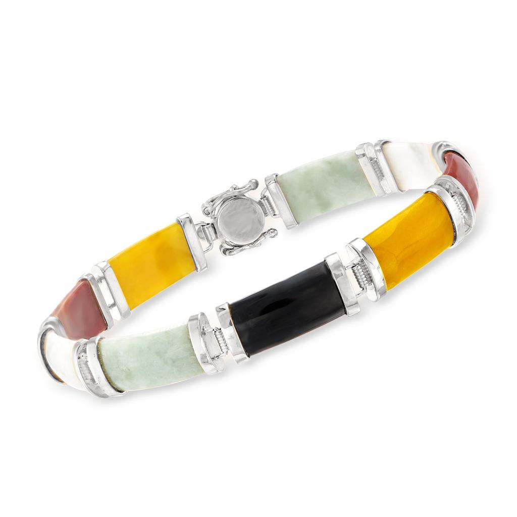 Ross-Simons Multicolored Jade "Good Fortune" Bracelet in Sterling Silver商品第3张图片规格展示