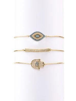 商品Eye Candy LA|Luxe 3-Piece 18K Goldplated & Cubic Zirconia Hamsa & Evil Eye Charm Bracelet Set,价格¥345,第1张图片