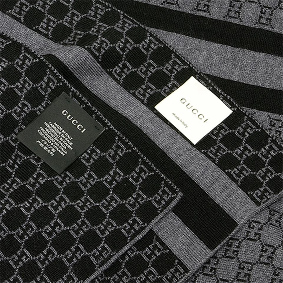 商品Gucci|Gucci 古驰GG字母图网状条纹羊毛围巾 - 黑色/灰色,价格¥3584,第3张图片详细描述