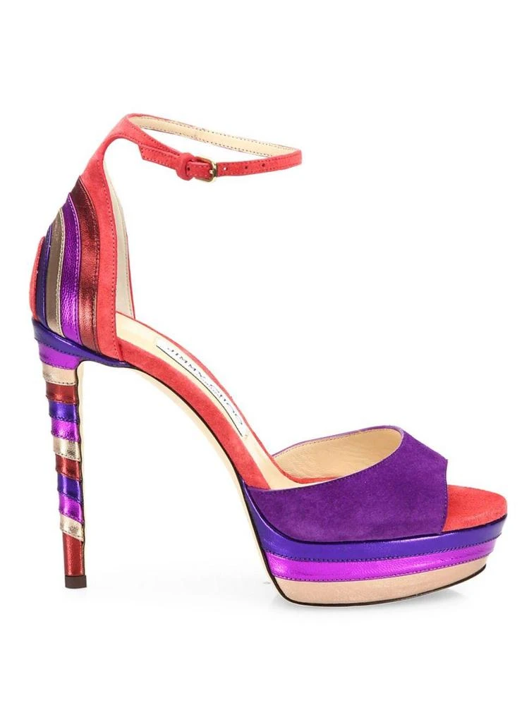 商品Jimmy Choo|Max 120 Multicolor Suede & Metallic Leather Ankle-Strap Platform Sandals,价格¥2835,第5张图片详细描述
